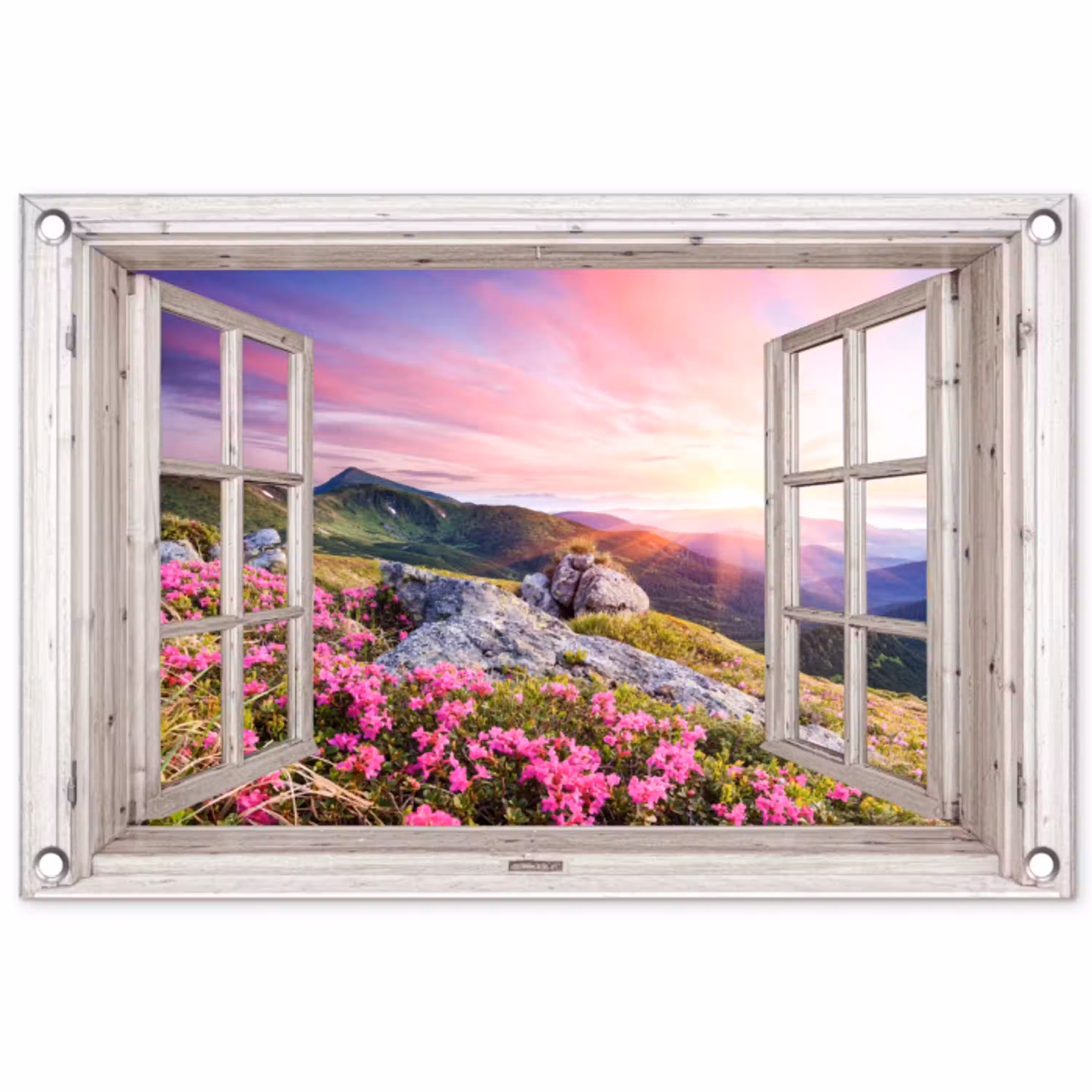 Uitzicht op Bergen met Bloemen tuinposter los doek klein -3d