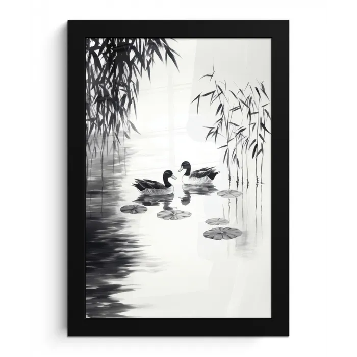 Eenden - Waterlelies - Riet - Zwart fotolijst zwart zonder passe partout klein -3d