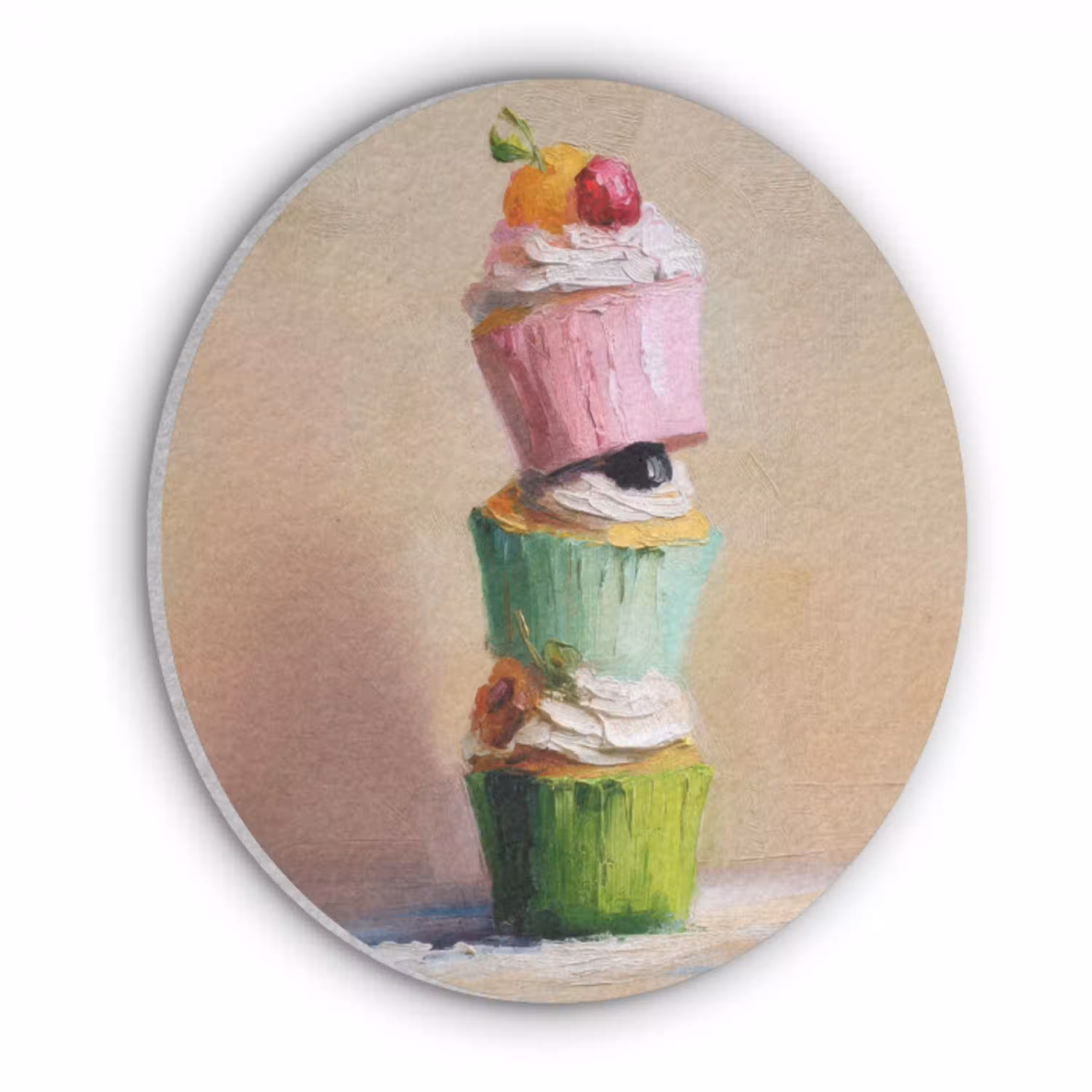 Cupcakes - Gestapeld - Kleurrijk - Fruit Akoestische PET Vilt - Rond klein -3d