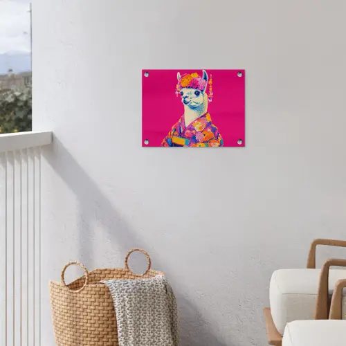 Lama - Kimono - Bloemenkrans - Felroze tuinposter los doek klein -sfeer8