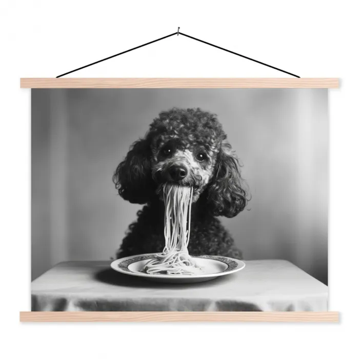 Poedel - Hond - Zwart - Wit - Schattig - Pasta textielposter latten blank klein -3d
