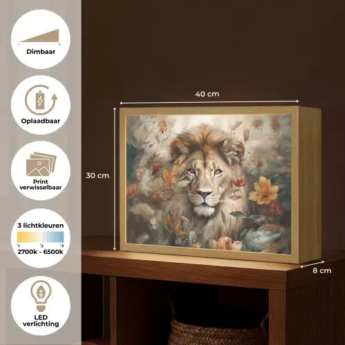 Leeuw - Wilde dieren - Planten - Natuur - Bloemen Light Box met batterij (Wandlamp) middel -USP_websiteoverzichtNL