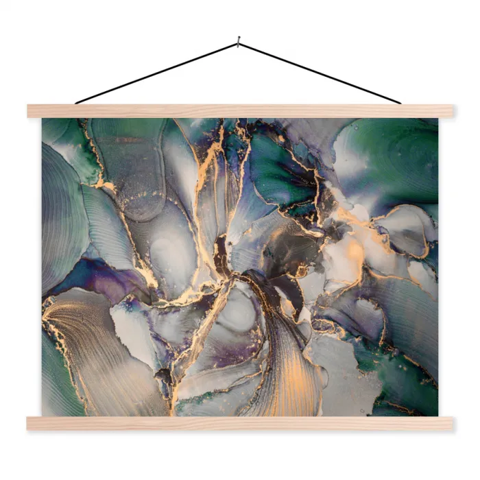Goud - Blauw - Marmer textielposter latten blank klein -3d