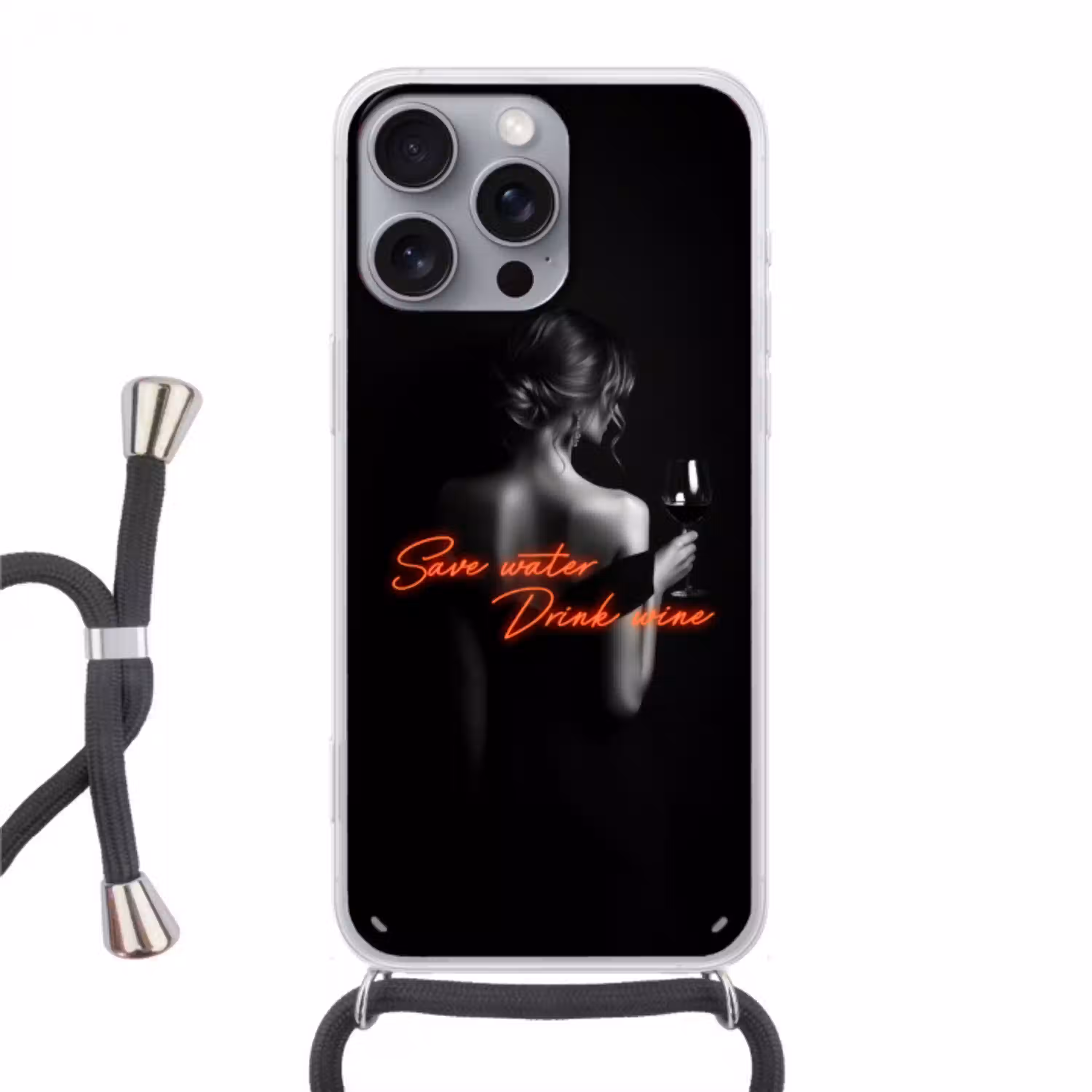 Wijn - Vrouw - Neon - Quote Hoesje iPhone 16 Pro Max met koord klein -3d