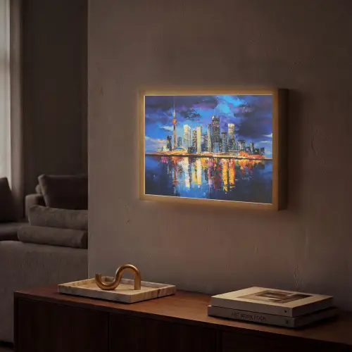 Skyline Toronto - Modern - Stadslicht - Blauw Light Box met batterij (Wandlamp) middel -sfeer1