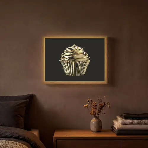 Cupcake - Eten - Goud - Zwart Light Box met batterij (Wandlamp) middel -sfeer4