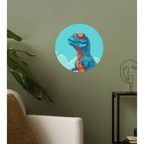 T-Rex - Blauw - Wolken - Zonnebril Wandcirkel behangsticker klein -sfeer2
