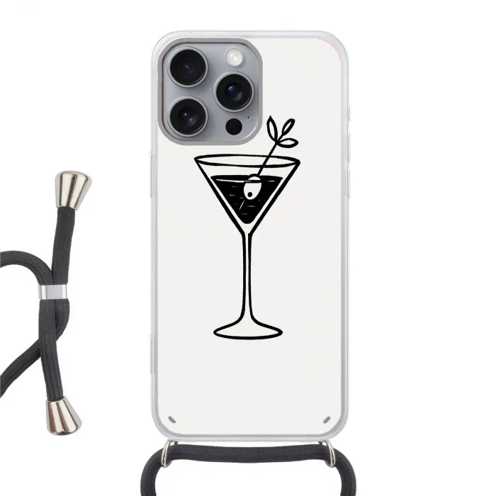 Cocktail - Glas - Olijf - Minimalistisch Hoesje iPhone 16 Pro Max met koord klein -3d