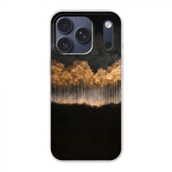 Gouden Bomen in Mistig Landschap Telefoonhoesje iPhone 17 Pro klein -3d