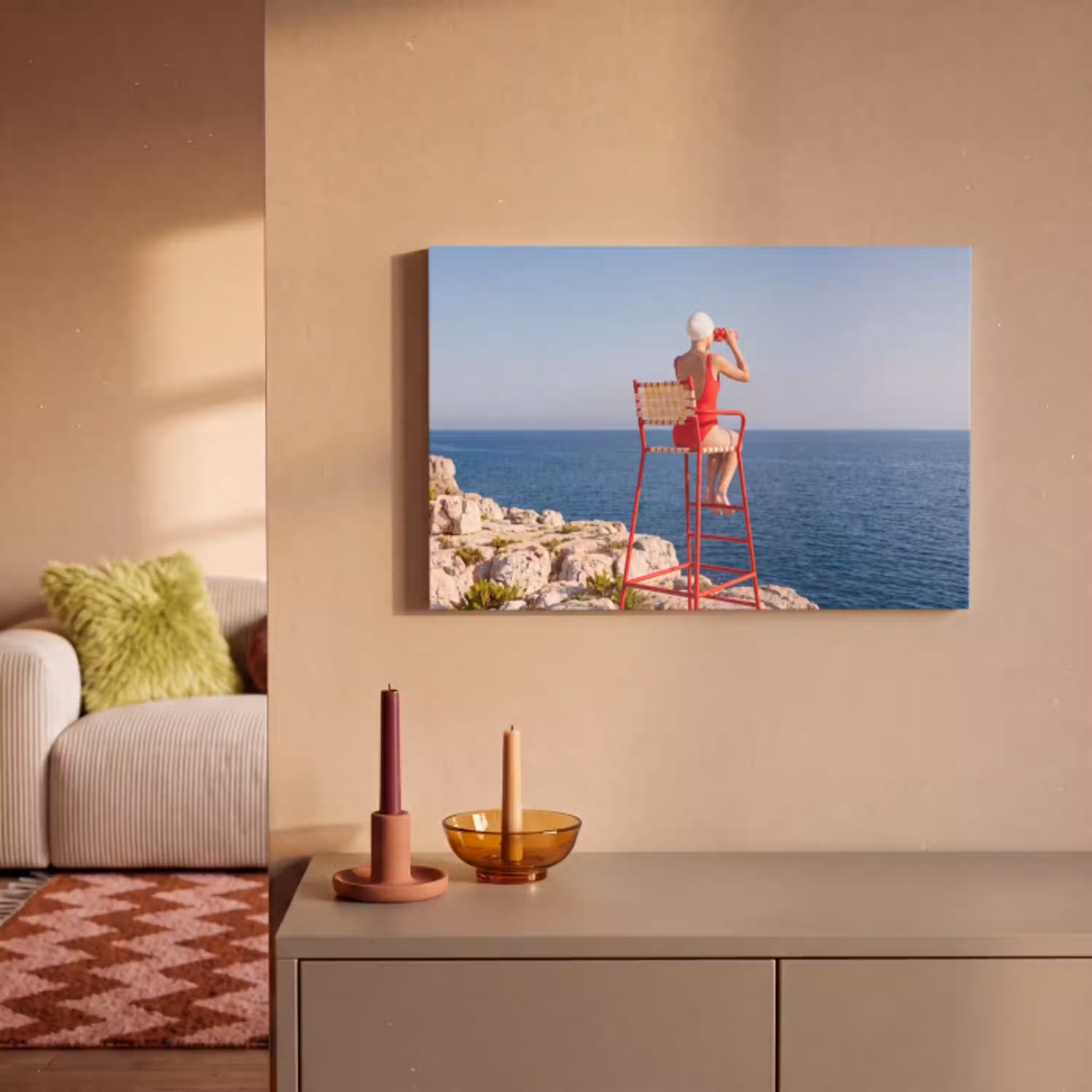 Vrouw - Zee - Kust - Verrekijker - Rood canvas 2cm klein -sfeer1