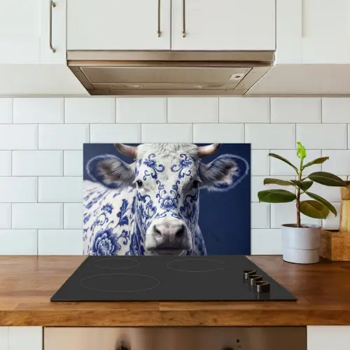 Koe - Delfts - Blauw - Artistiek keuken achterwand spatscherm klein -sfeer2