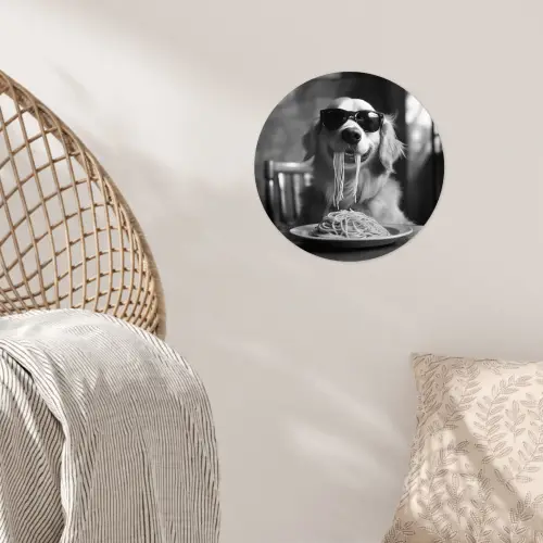 Golden Retriever - Hond - Vrolijk -  Bord spaghetti - Zwart - wit Wandcirkel behangsticker klein -sfeer4