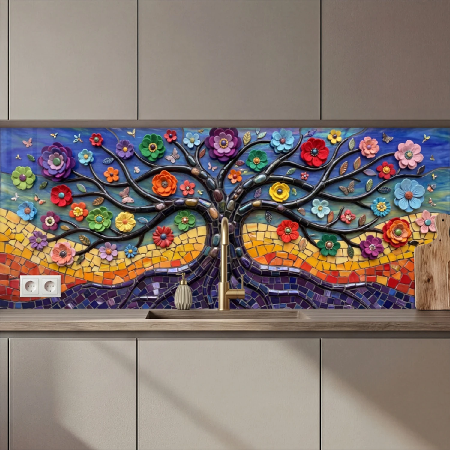 Levensboom - Mozaïek - Bloemen - Kleurrijk - Vrolijk keuken achterwand 2 middel zz_3dshopping