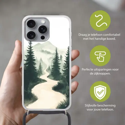 Pad - Bomen - Bos - Illustratie Hoesje iPhone 16 Pro Max met koord klein -sfeer2_NL