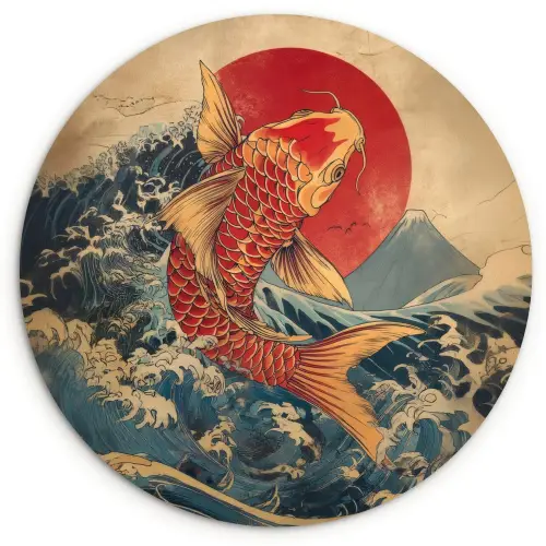Koi - Zee - Golven - Zon Wandcirkel kunststof plaat 5mm dik klein -3d