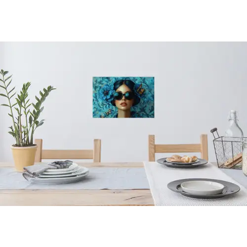 Vrouw - Bloemen - Vlinders - Blauw - Abstract Muursticker klein -eettafel