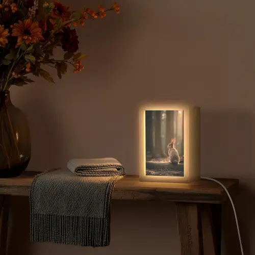 Konijn - Bos - Zonnestralen Light Box met kabel (Tafellamp) klein -sfeer4