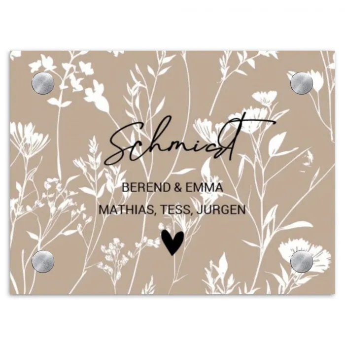 Beige bloemmotief - Sierlijk Naambord Rechthoek middel -3d
