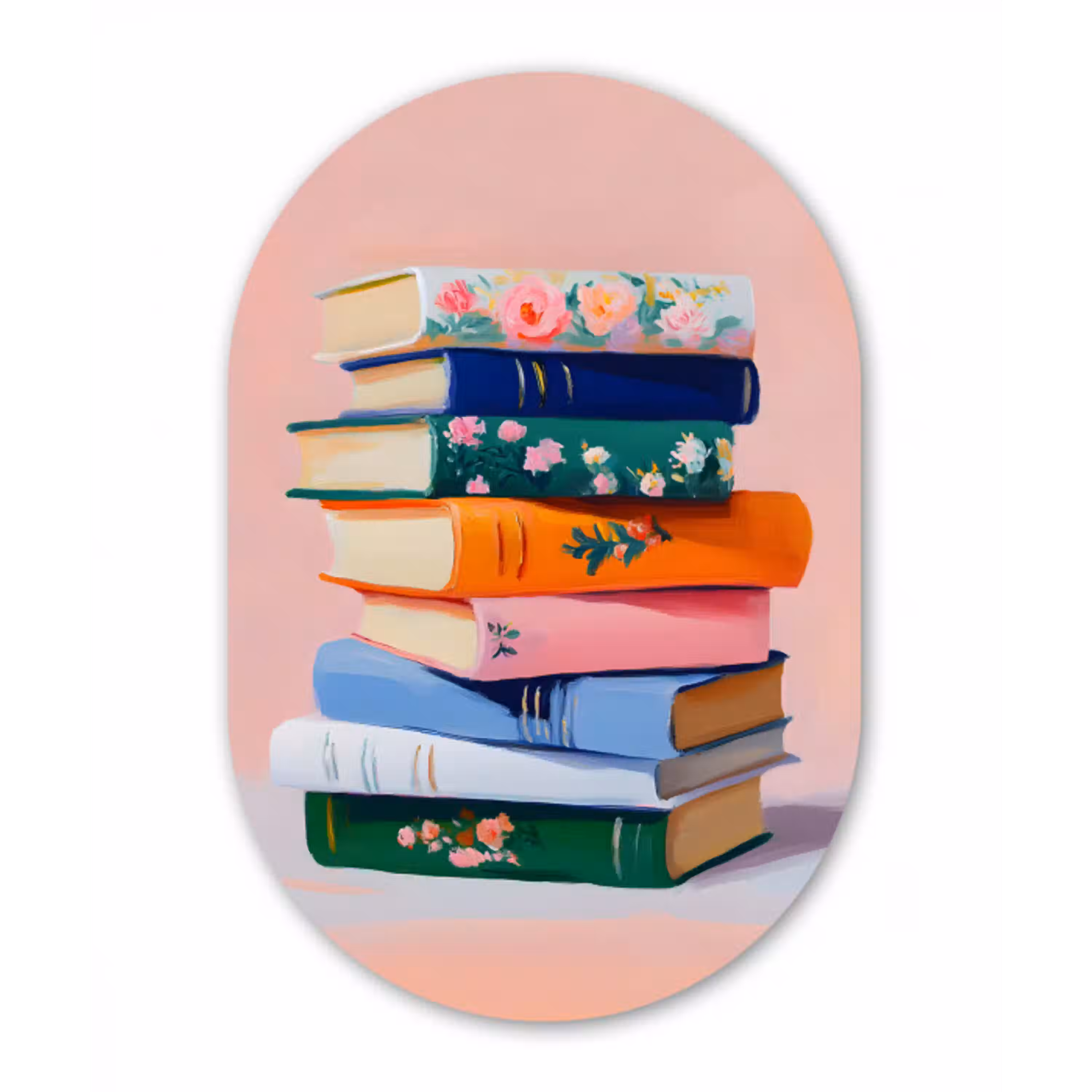 Boeken - Stapel - Kleurrijk Wandcirkel Ovaal Aluminium middel -3d