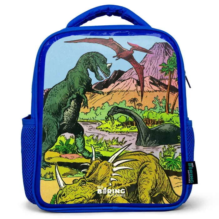 Dino's bij een vulkaan Kinderrugzak - Blauw middel -3d