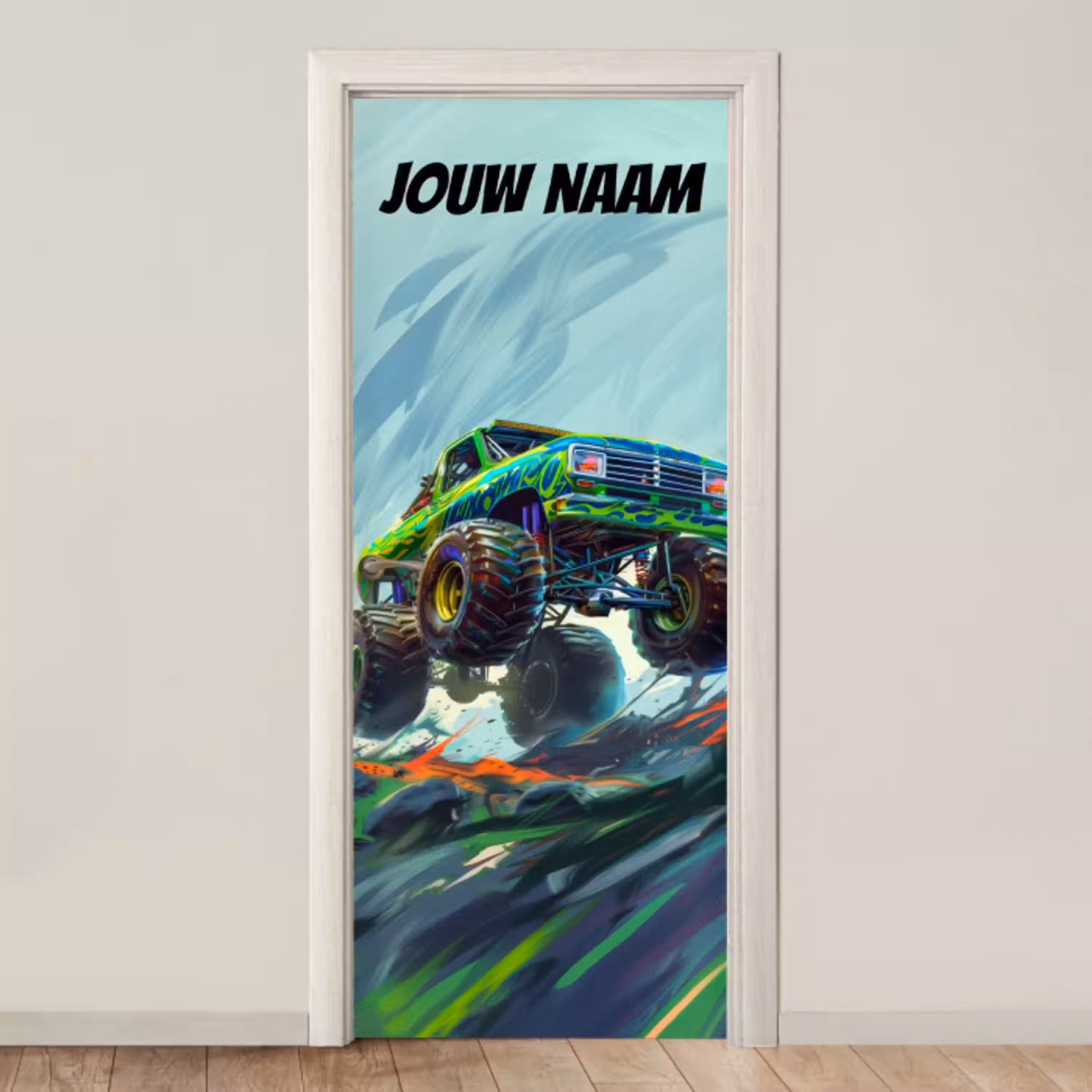 Gekleurde monstertruck die over ruig terrein rijdt met personaliseerbare tekst bovenaan. deurposter klein -3d_beige