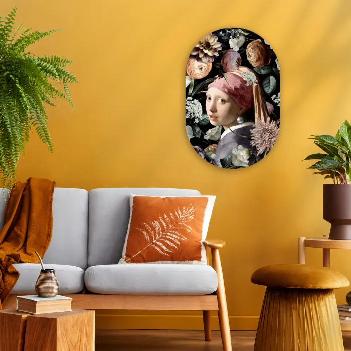 Meisje met de parel - Bloemen - Vermeer - Pastel - Kunstwerk - Schilderij - Oude meesters Wandcirkel Ovaal Forex klein -sfeer4
