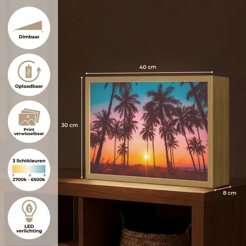 Palmboom - Zonsondergang - Horizon - Strand - Oranje - Roze Light Box met batterij (Wandlamp) middel -USP_websiteoverzichtNL