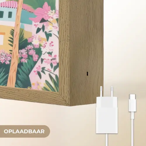 Kleurrijk - Huizen - Heuvels - Roze Light Box met batterij (Wandlamp) middel -USP_websiteoplaadbaarNL