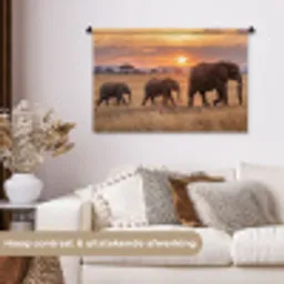 Olifanten - Savanne - Zonsondergang - Afrika - Warm Wandkleed katoen middel -sfeer1