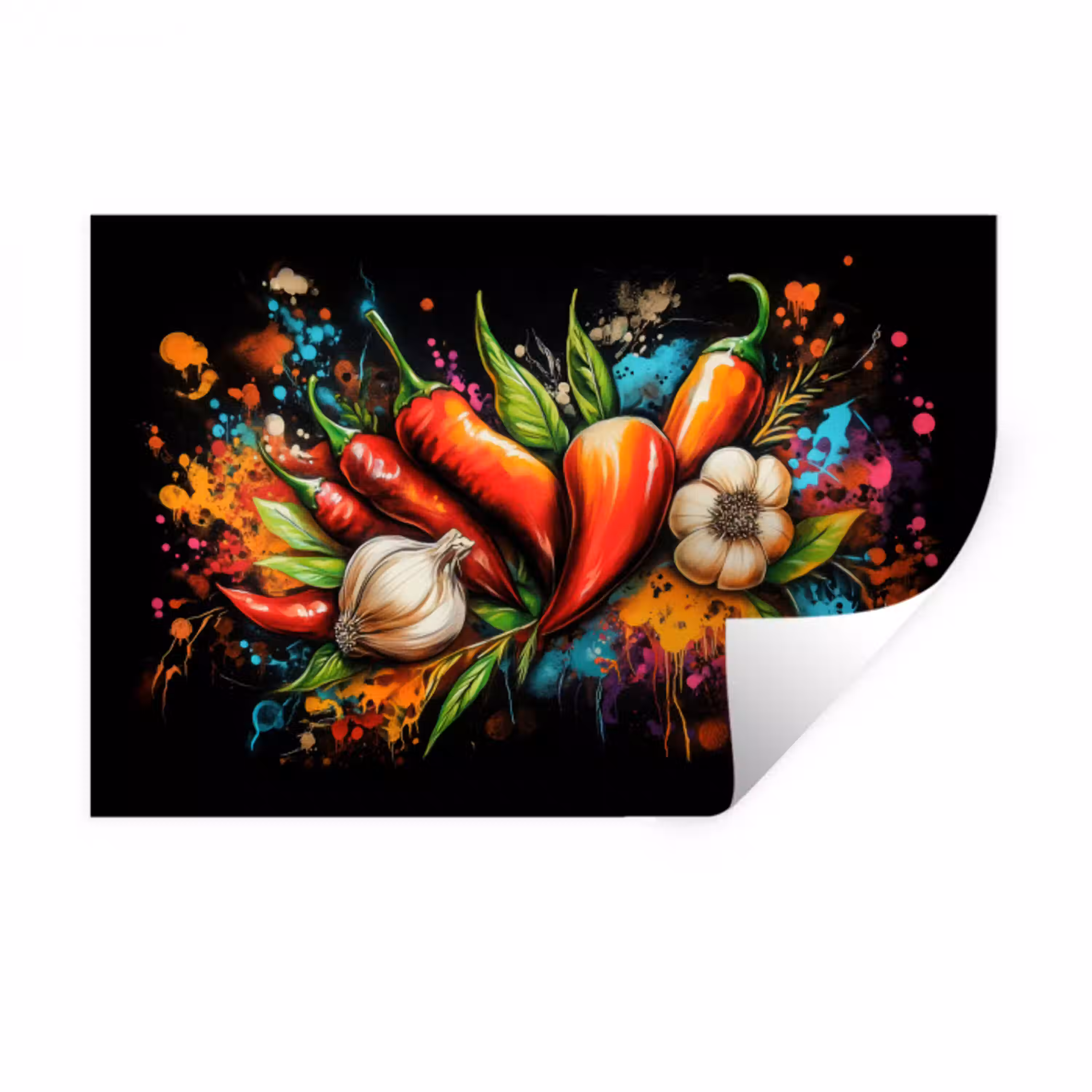 Groente - Peper - Knoflook - Graffiti - Verf - Kleurrijk Muursticker klein -3d