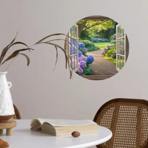 Doorkijk - Tuin - Raam - Hortensia - Bloemen Wandcirkel behangsticker klein -sfeer3