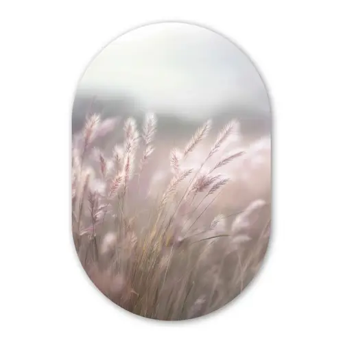 Graspluimen - Wind - Beige - Mistig Wandcirkel Ovaal Glas middel -3d