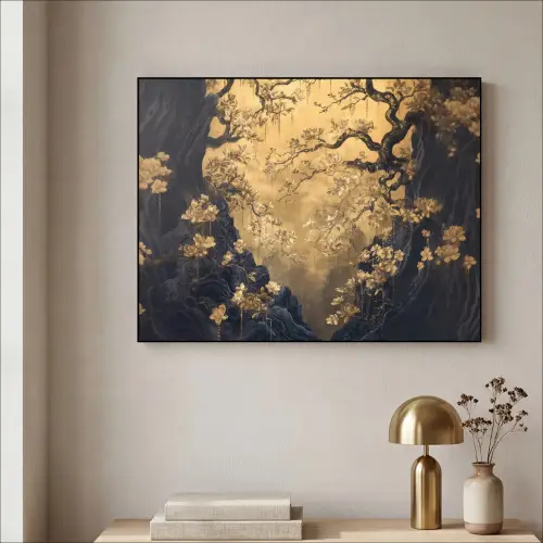 Bloemen - Takken - Goud - Sierlijk Textielframe zwart klein -sfeer2