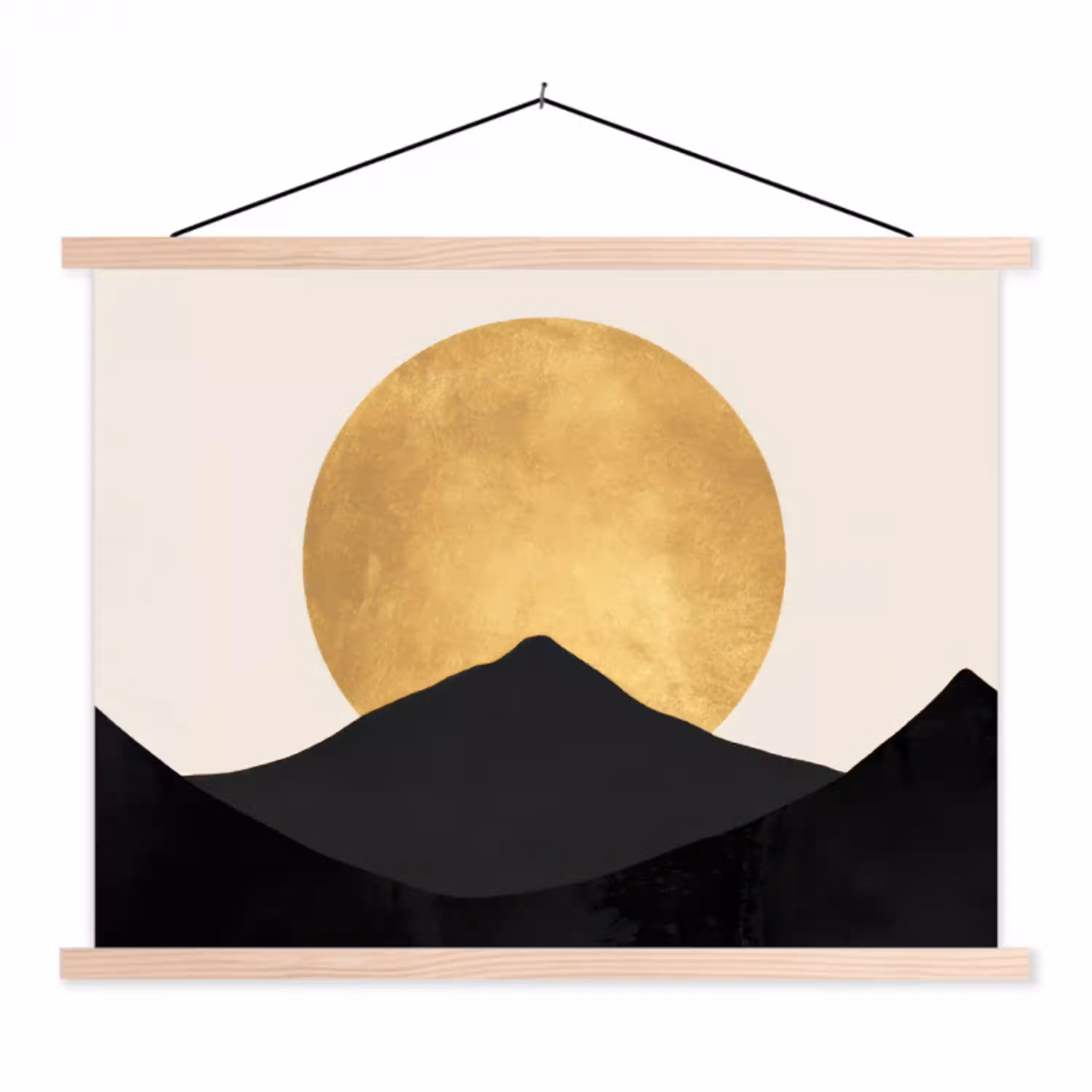 Bergsilhouetten - Gouden cirkel - Beige textielposter latten blank klein -3d