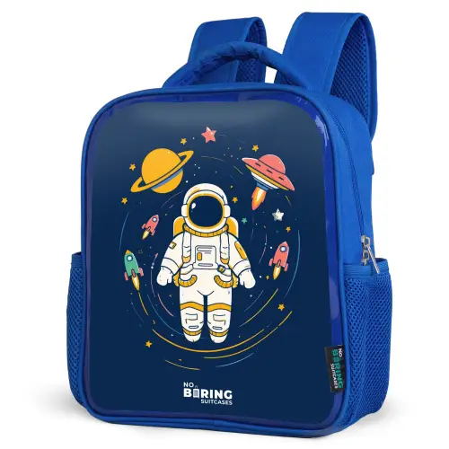 Astronaut - Planeet - Sterren - Raket Kinderrugzak - Blauw middel -schuin