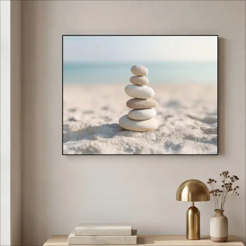 Stenen - Stapel - Zand - Zee Textielframe zwart klein -sfeer2