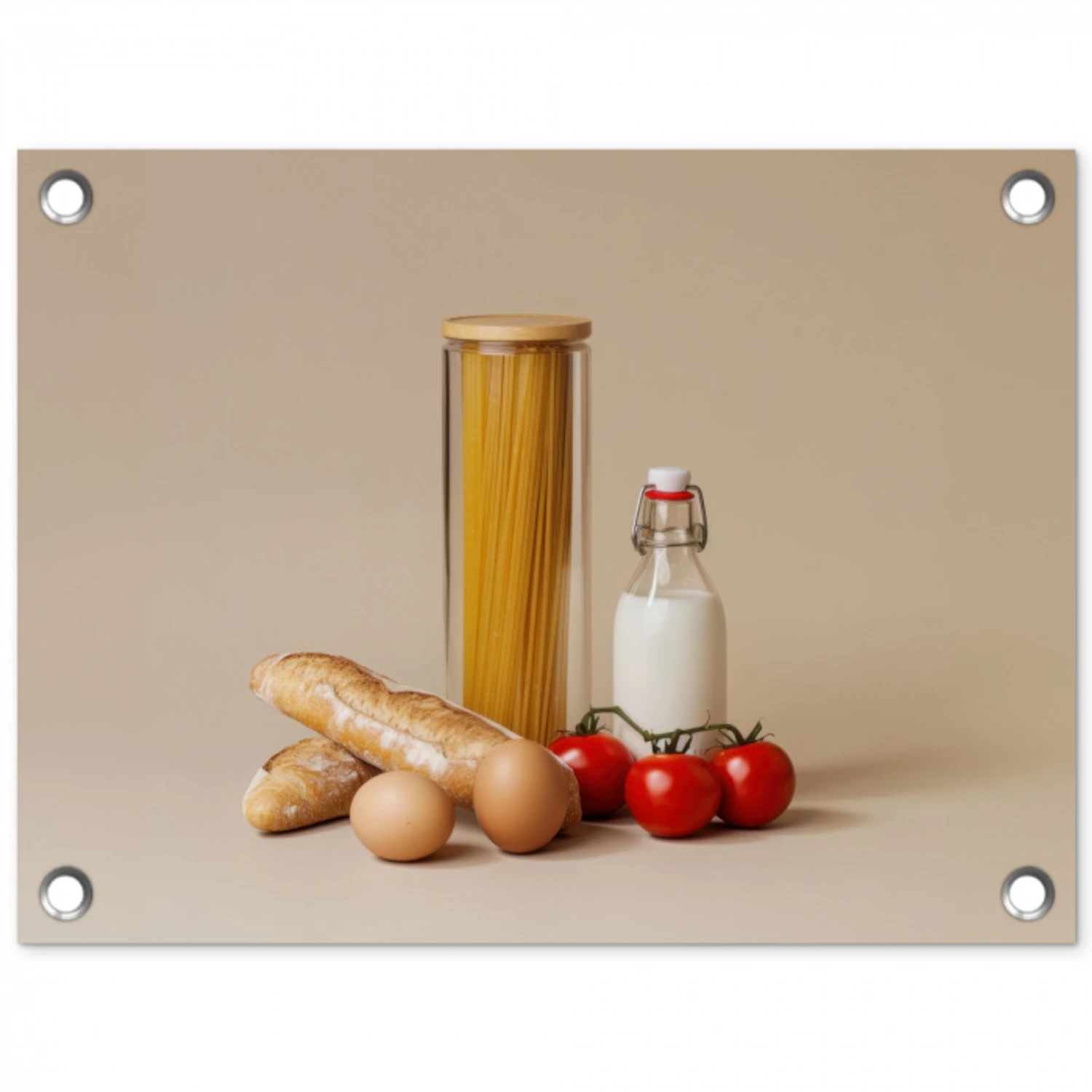 Spaghetti - Melk - Tomaten - Eieren - Brood tuinposter los doek klein -3d