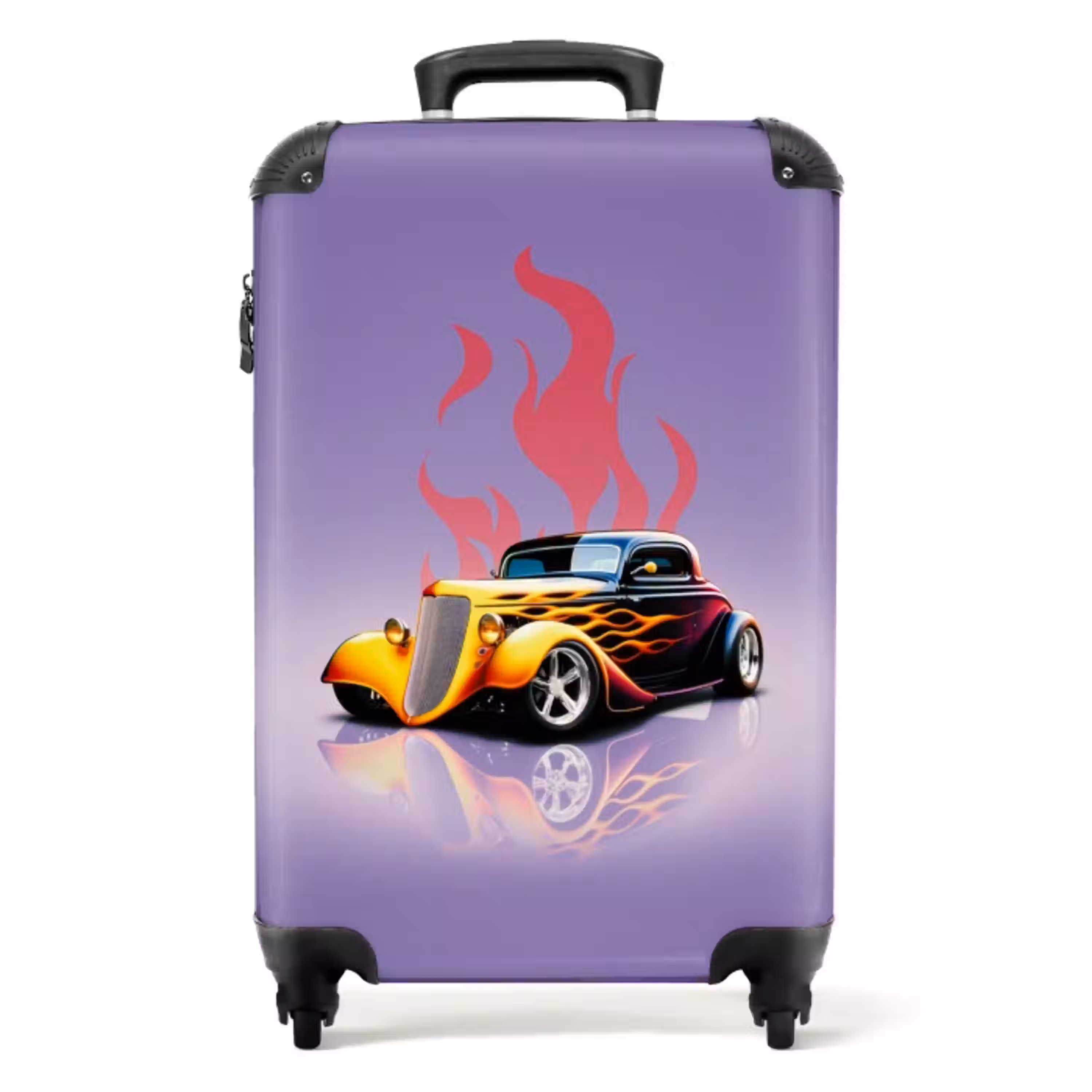 Gele auto met roze vlammen NBS - Handbagage koffer - Unisex middel -productfoto_recht