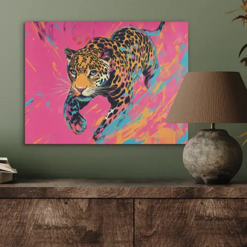 Luipaard - Roze - Oranje - Blauw - Verf PET vilt klein -sfeer2
