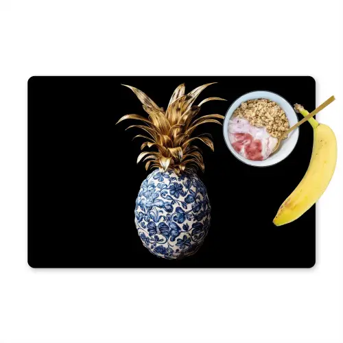 Ananas - Bloemen patroon - Goud - Delftsblauw Placemat vinyl groot -zzzproduct_Kitchenyeah-website