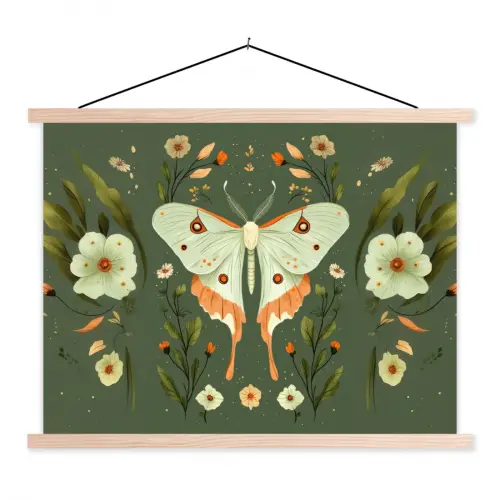 Bloemen - Bladeren - Olijfgroen - Vlinder textielposter latten blank klein -3d
