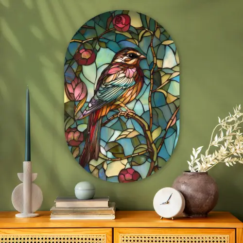 Vogel - Tak - Rozen - Mozaïek Wandcirkel Ovaal Glas middel -sfeer2