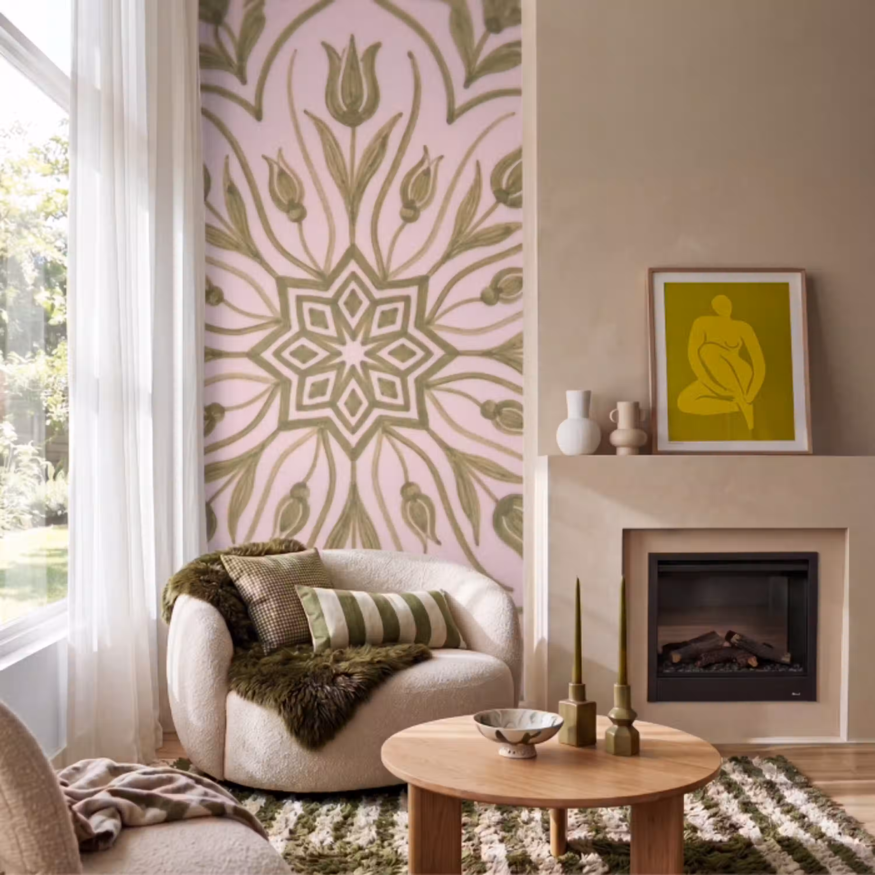 Patroon - Mandala - Decoratie - Abstract - Groen Behang Vlies klein -sfeer2