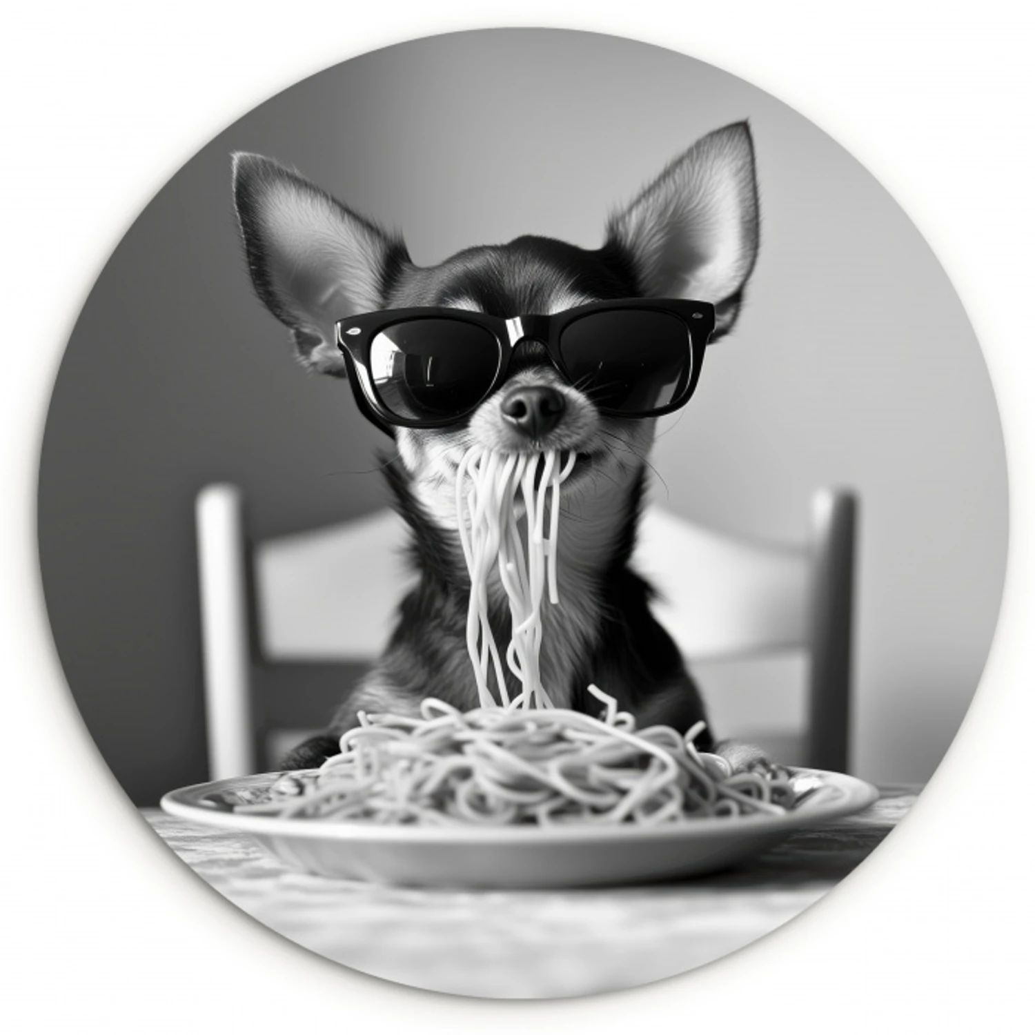 Chihuahua - Hond - Zonnebril - Humoristisch - Zwart - Wit - Spaghetti Wandcirkel kunststof plaat 5mm dik klein -3d