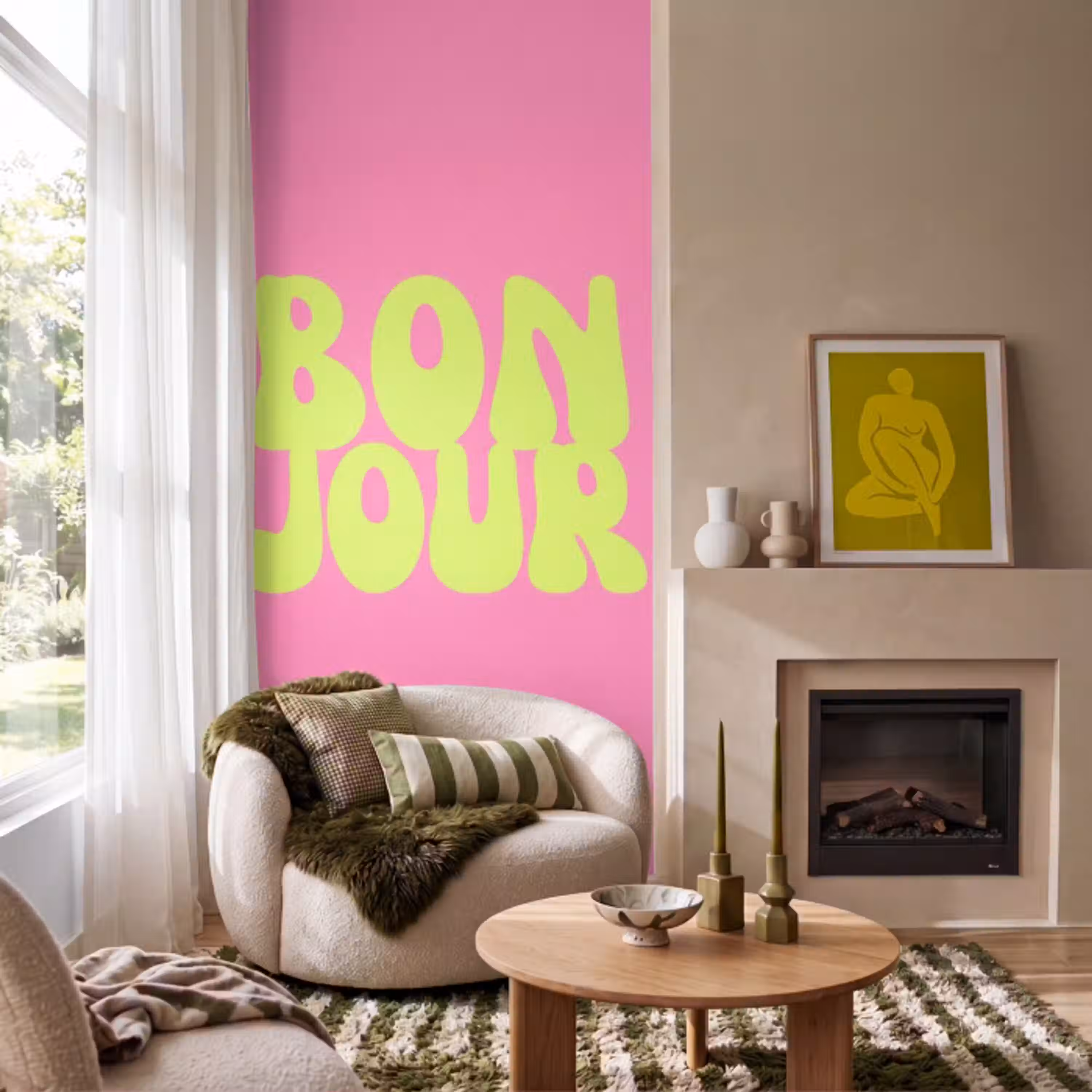 Bonjour - Roze - Fel groen Behang Vlies klein -sfeer2