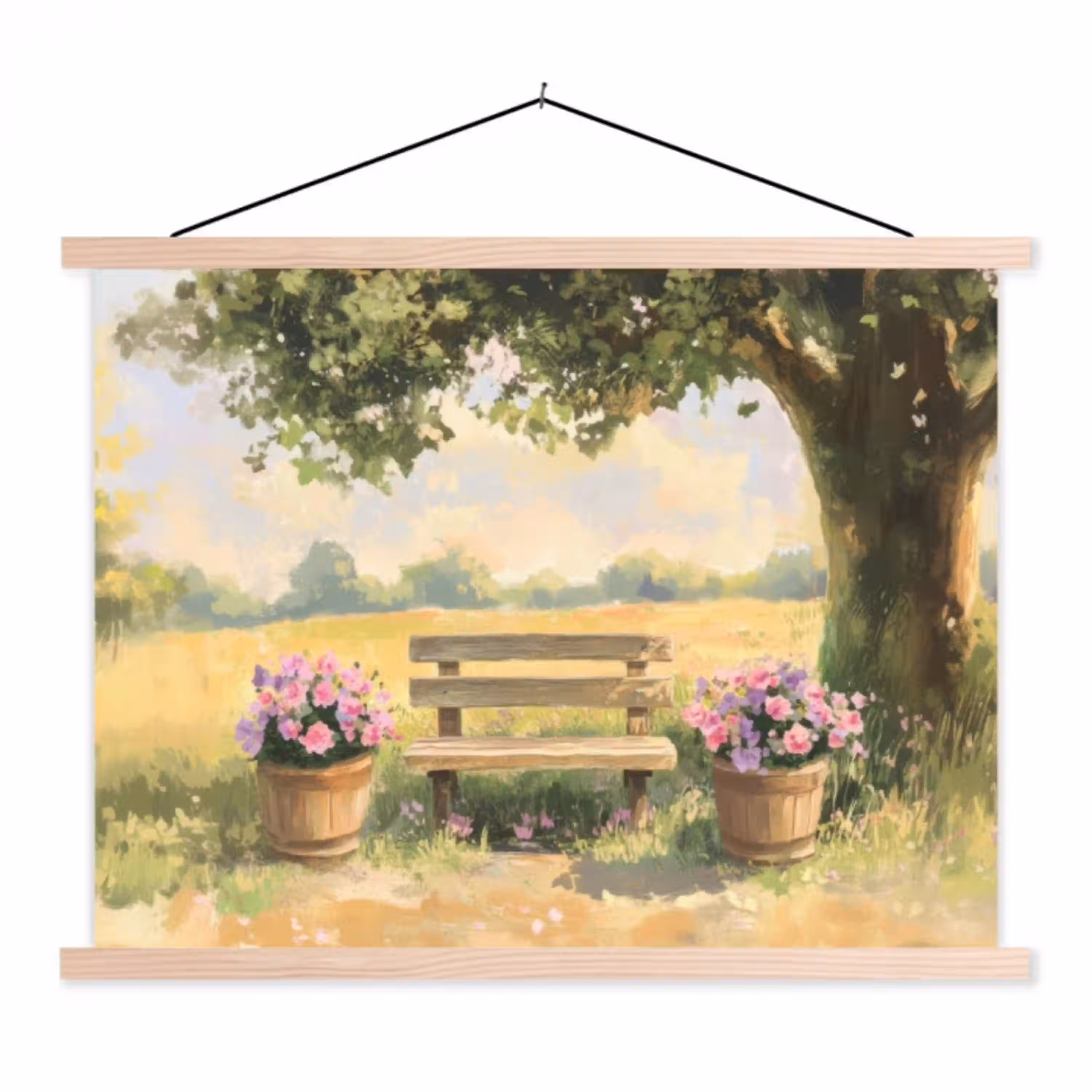 Houten bankje - Bloempotten - Landschap textielposter latten blank klein -3d