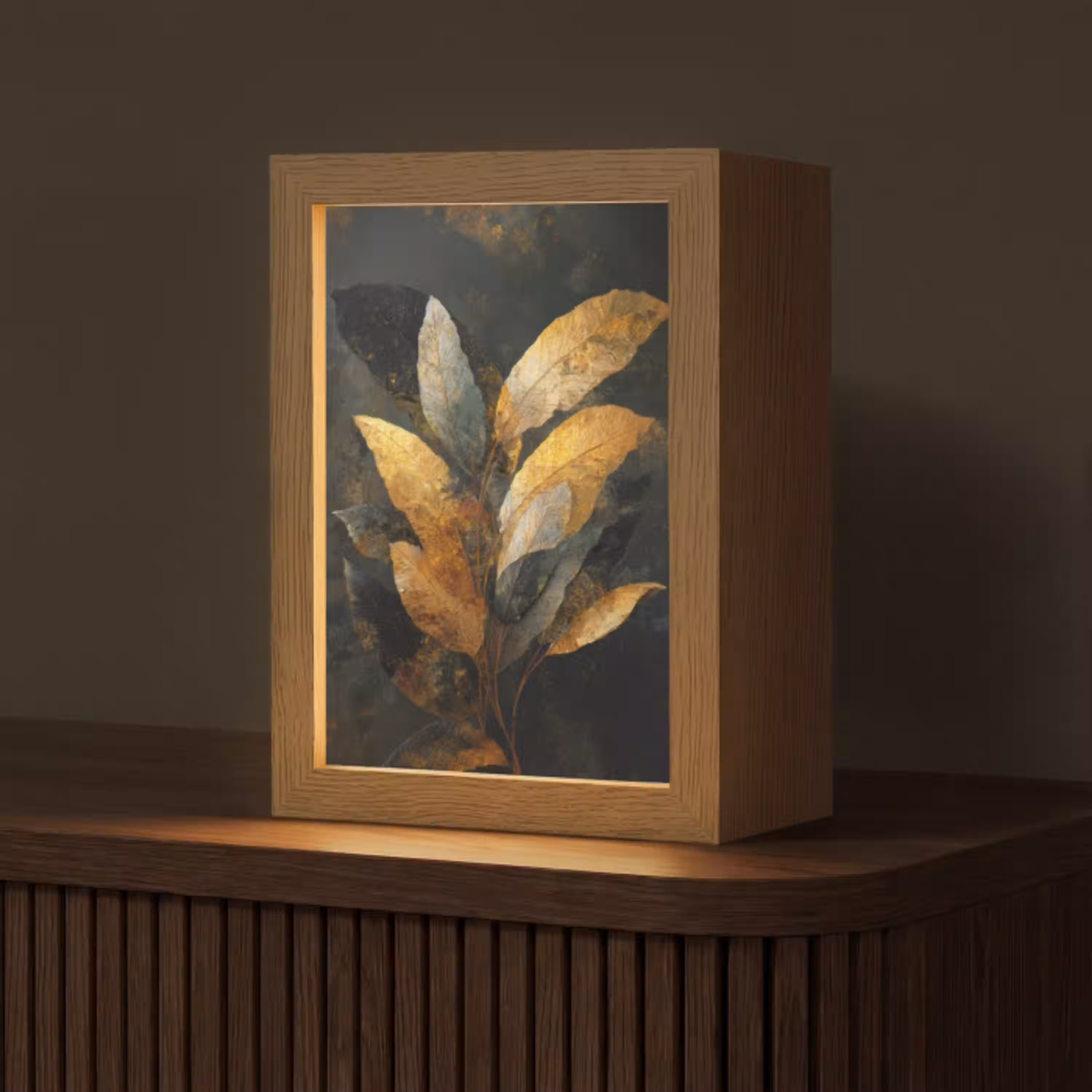 Gouden Bladcompositie – Botanische Luxe Light Box met kabel (Tafellamp) klein -z3d_website