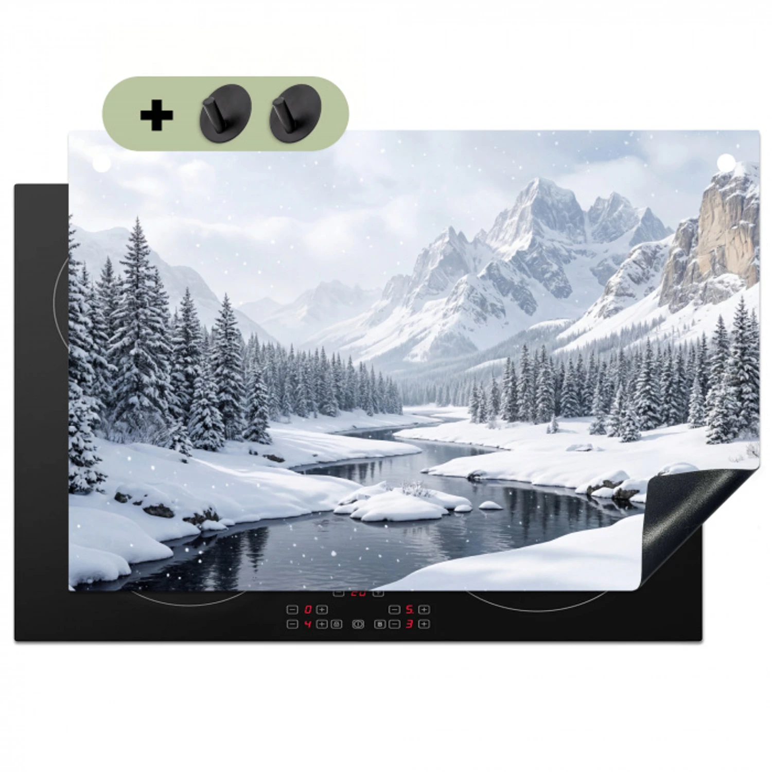 Sneeuwlandschap - Bergen - Rivier - Winter Inductie beschemer met haakjes klein -3d