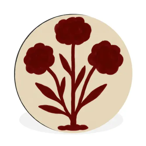Bloemen - Bladeren - Rood - Minimalistisch Wandcirkel aluminium klein -3d