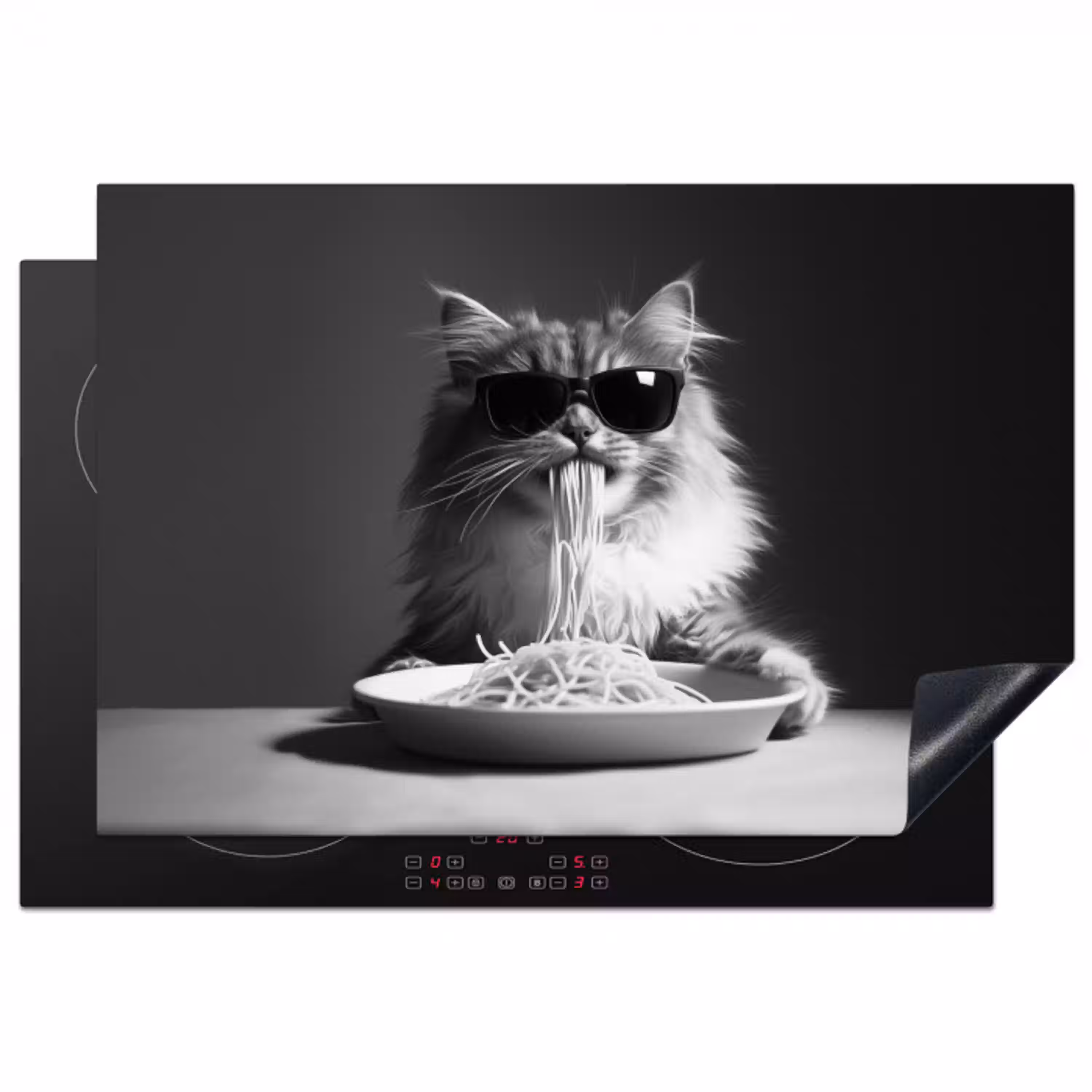 Langharige kat - Zonnebril - Spaghetti - Humor - Zwart - wit Inductie beschermer vinyl 3mm klein -3d